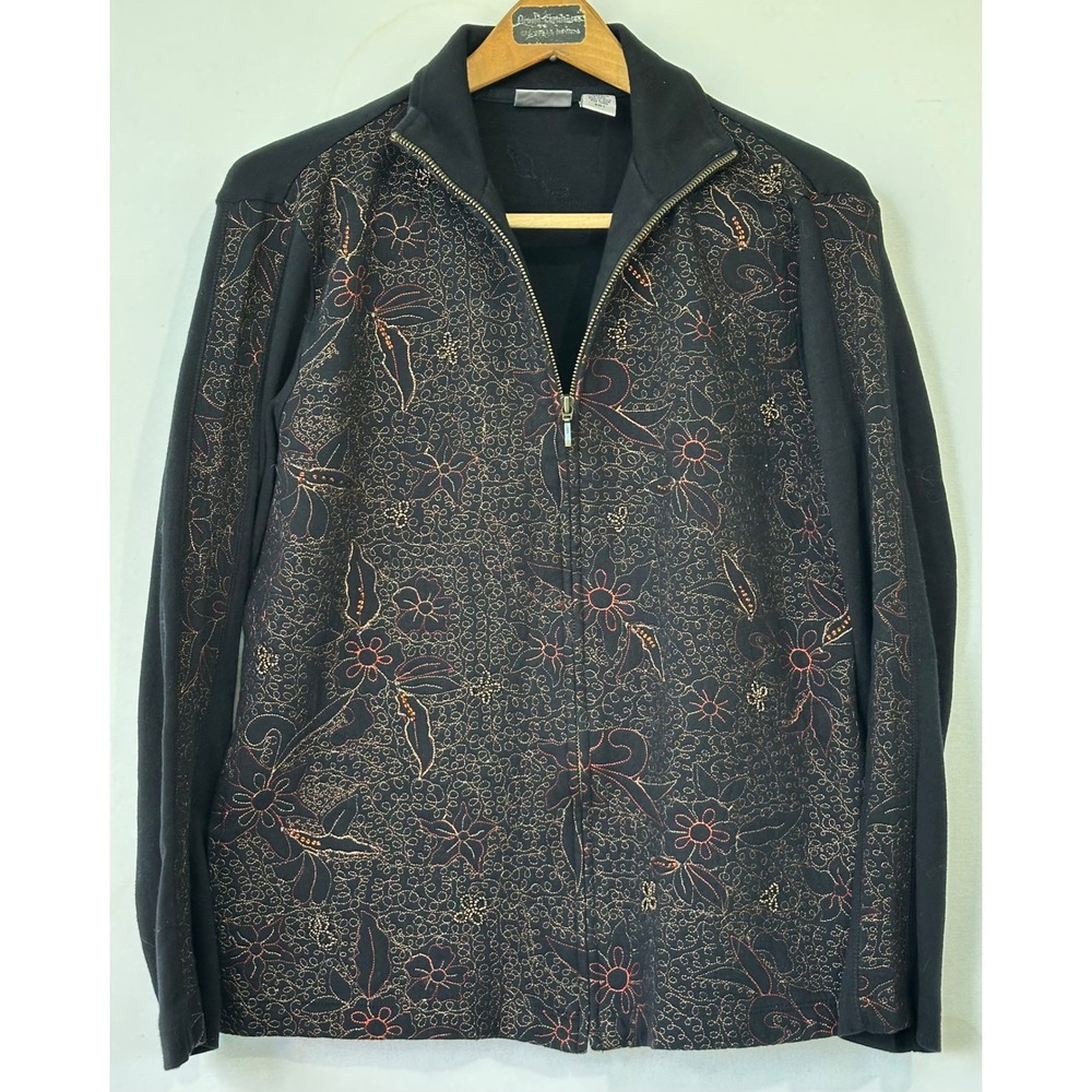 Chico's Spa Zip Embroidered Floral Beaded Jacket Travel Business Womens M Black